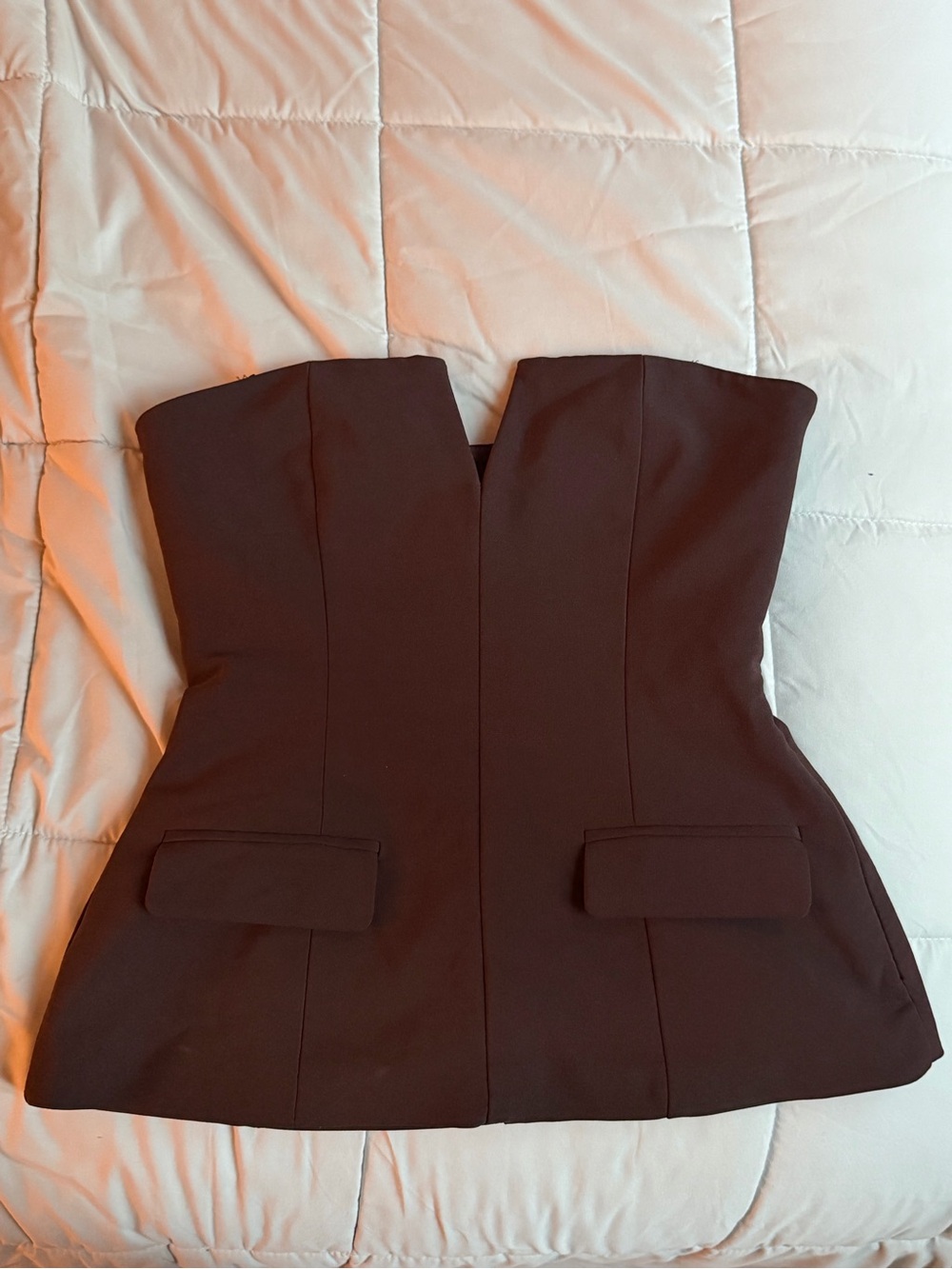 Zara Strapless Structured Peplum Top in Dark Brown